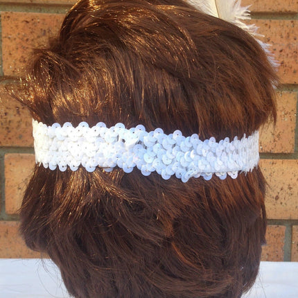 1920s FLAPPER HEADBAND Headpiece Feather Sequin Charleston Costume Gatsby Dance - White.