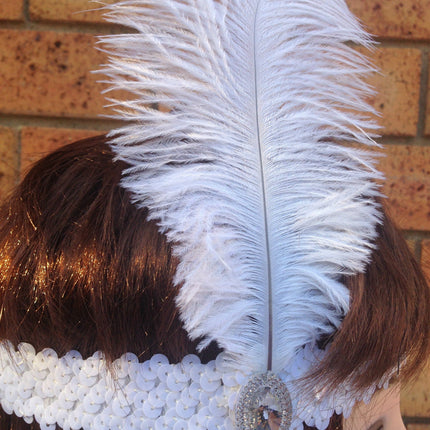 1920s FLAPPER HEADBAND Headpiece Feather Sequin Charleston Costume Gatsby Dance - White.