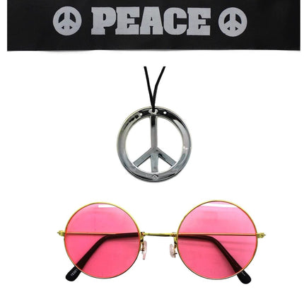 Hippie Kit Set Headband Glasses Pendant Peace Sign Necklace 60s 70s Costume.