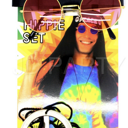 Hippie Kit Set Headband Glasses Pendant Peace Sign Necklace 60s 70s Costume.