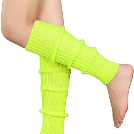 Pair of Womens Leg Warmers Disco Winter Knit Dance Party Crochet Legging Socks Costume - Fluro Yellow.