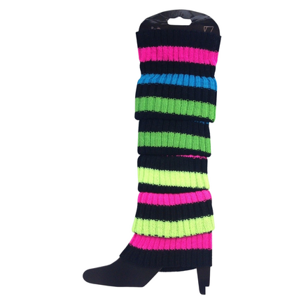 Pair of Womens Leg Warmers Disco Winter Knit Dance Party Crochet Legging Socks Costume - Rainbow with Black Stripe.