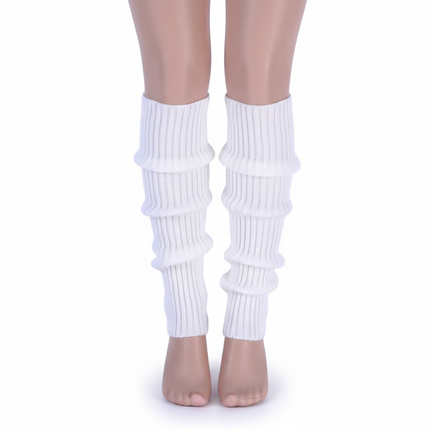 Pair of Womens Leg Warmers Disco Winter Knit Dance Party Crochet Legging Socks Costume - White.