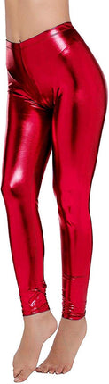 Metallic Leggings Stretchy Pants Neon Fluro Shiny Glossy Dress Up Dance Party - Red.