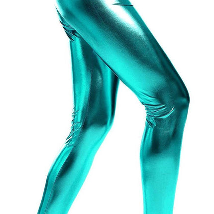 DELUXE METALLIC LEGGINGS Shiny Neon Stretch Dance Costume Fancy Dress Party - Blue.