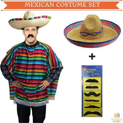 MEXICAN PONCHO & SOMBRERO SET Costume Wild West Moustache Cowboy Bandit Party.