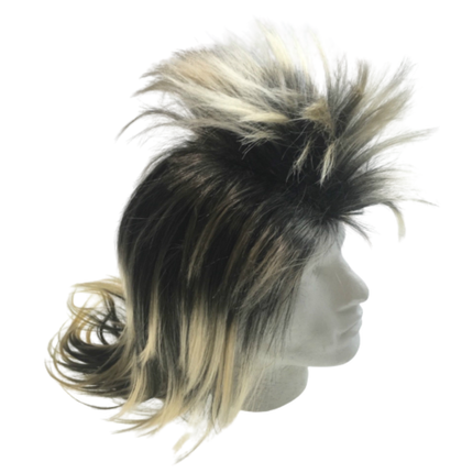 Mens Long SPIKY Wig Rock Punk 80s Fancy Dress Costume Bogan Mullet Spikey - Black/Blonde.