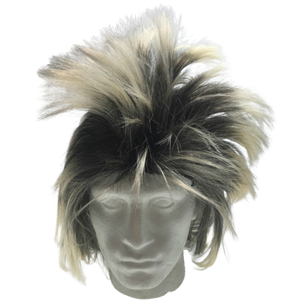 Mens Long SPIKY Wig Rock Punk 80s Fancy Dress Costume Bogan Mullet Spikey - Black/Blonde.