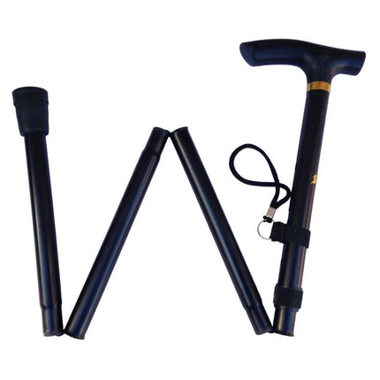 Adjustable Metal WALKING STICK Travel Cane Folding Pole Compact Retractable Hike - Black.
