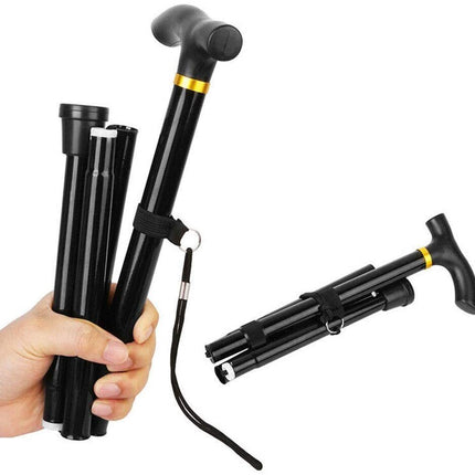 Adjustable Metal WALKING STICK Travel Cane Folding Pole Compact Retractable Hike - Black.