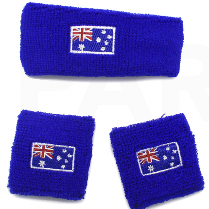 WRISTBAND & HEADBAND SET Tennis Terry Towelling Cotton Sweat Band Team Gym  - Australia Flag.