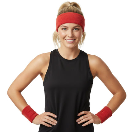 WRISTBAND & HEADBAND SET Tennis Terry Towelling Cotton Sweat Band Team Gym  - Red.
