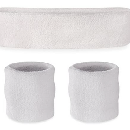 WRISTBAND & HEADBAND SET Tennis Terry Towelling Cotton Sweat Band Team Gym  - White.