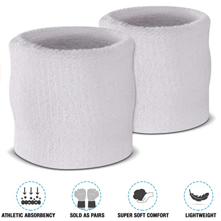WRISTBAND & HEADBAND SET Tennis Terry Towelling Cotton Sweat Band Team Gym  - White.