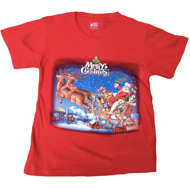 100% Cotton Kids Christmas T Shirt Xmas Top Santa Red White Party Costume - Red - Large (8-10 Years Old).