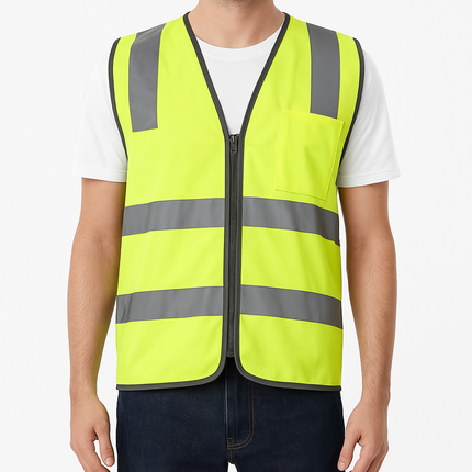 Hi Vis Safety Vest Reflective Tape Zip Up Workwear Pocket High Visibility in Yellow - M.