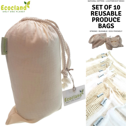 Set of 10 ECOCLAND Reusable Mesh Produce Bags Fruit Grocery Storage Washable Eco Bag.