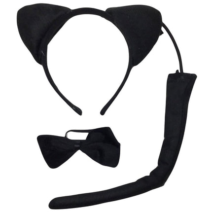 BLACK CAT EARS HEADBAND w Bow Tail Animal Costume Halloween Party Hair Accessory.