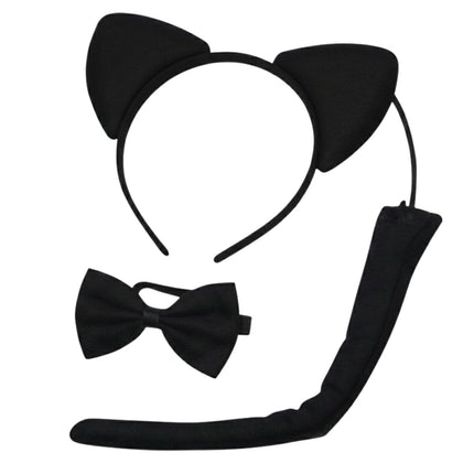 BLACK CAT EARS HEADBAND w Bow Tail Animal Costume Halloween Party Hair Accessory.