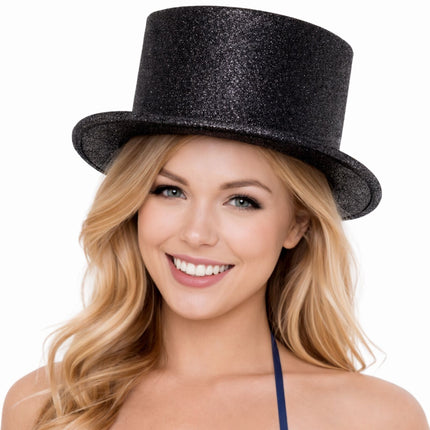 Glitter Top Hat Adult Costume Fancy Dress Party Plastic Tall Hat - Black.