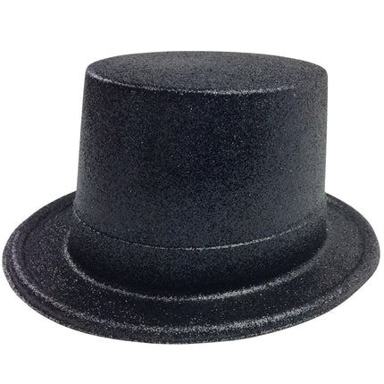 Glitter Top Hat Adult Costume Fancy Dress Party Plastic Tall Hat - Black.