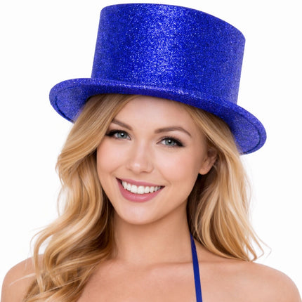 Glitter Top Hat Adult Costume Fancy Dress Party Plastic Tall Hat - Blue.