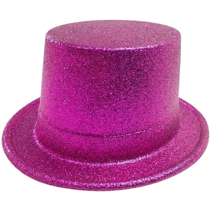 Glitter Top Hat Adult Costume Fancy Dress Party Plastic Tall Hat - Hot Pink.