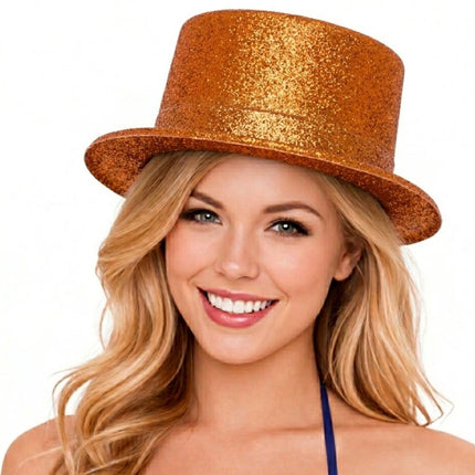 Glitter Top Hat Adult Costume Fancy Dress Party Plastic Tall Hat - Orange.