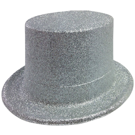 Glitter Top Hat Adult Costume Fancy Dress Party Plastic Tall Hat - Silver.