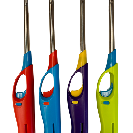 12x Long Gas Lighter for BBQ Kitchen Cigarette w/ Safety Lock - Assorted Colours.