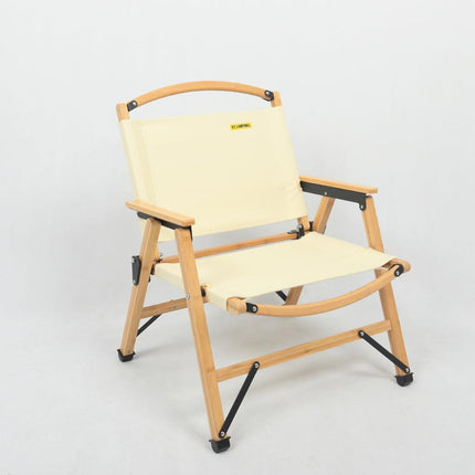 Bamboo Canvas Foldable Outdoor Camping Chair Wooden Travel Picnic Park - Khaki/Beige.