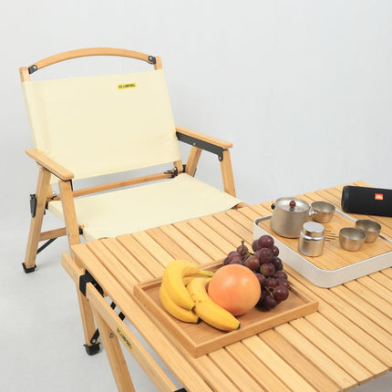 Bamboo Canvas Foldable Outdoor Camping Chair Wooden Travel Picnic Park - Khaki/Beige.