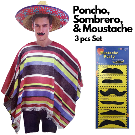 3pc Set Mens Mexican Poncho + Sombrero + Moustache Spanish Cowboy Costume Party.
