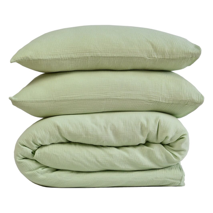100% Cotton Muslin Duvet Quilt Cover Set w/ 2 Pillow Cases in Pastel Green - King.