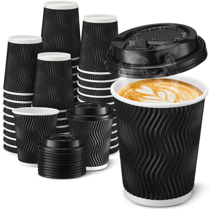 360x Triple Wall Paper Coffee Cups w/Lids (8oz) Disposable Takeaway Bulk in Black.