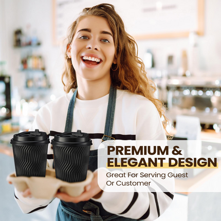 360x Triple Wall Paper Coffee Cups w/Lids (8oz) Disposable Takeaway Bulk in Black.
