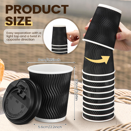 360x Triple Wall Paper Coffee Cups w/Lids (8oz) Disposable Takeaway Bulk in Black.