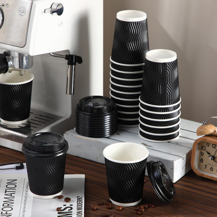 360x Triple Wall Paper Coffee Cups w/Lids (8oz) Disposable Takeaway Bulk in Black.