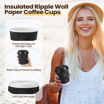 360x Triple Wall Paper Coffee Cups w/Lids (8oz) Disposable Takeaway Bulk in Black.