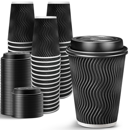 360x Triple Wall Paper Coffee Cups w/Lids (12oz) Disposable Takeaway Bulk in Black.