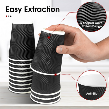 360x Triple Wall Paper Coffee Cups w/Lids (12oz) Disposable Takeaway Bulk in Black.