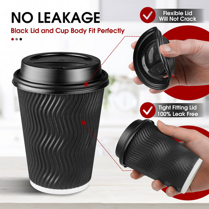360x Triple Wall Paper Coffee Cups w/Lids (12oz) Disposable Takeaway Bulk in Black.