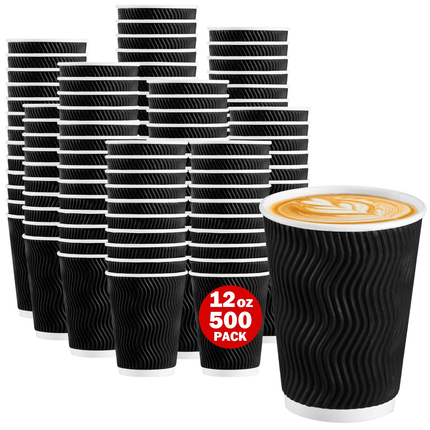500x Triple Wall Coffee Cups (12oz) Disposable Takeaway BPA Free Paper Bulk in Black.
