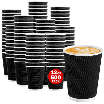 500x Triple Wall Coffee Cups (12oz) Disposable Takeaway BPA Free Paper Bulk in Black.