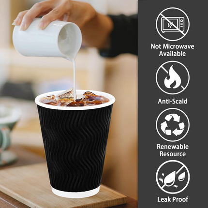 500x Triple Wall Coffee Cups (12oz) Disposable Takeaway BPA Free Paper Bulk in Black.