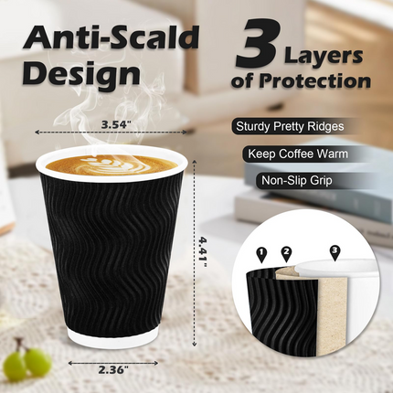 500x Triple Wall Coffee Cups (12oz) Disposable Takeaway BPA Free Paper Bulk in Black.