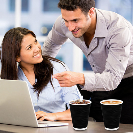 500x Triple Wall Coffee Cups (12oz) Disposable Takeaway BPA Free Paper Bulk in Black.