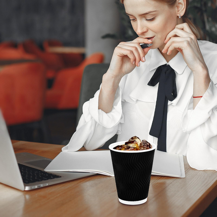 500x Triple Wall Coffee Cups (12oz) Disposable Takeaway BPA Free Paper Bulk in Black.