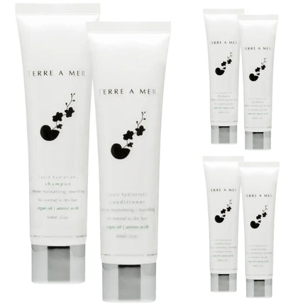 6pc Set Terre A Mer Pure Hydration Amino Acid/Argan Oil Shampoo & Conditioner  - 60ml Travel Size.