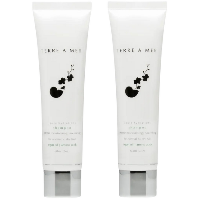 2x Terre A Mer Pure Hydration Amino Acid/Argan Oil Shampoo - 60ml Travel Size.